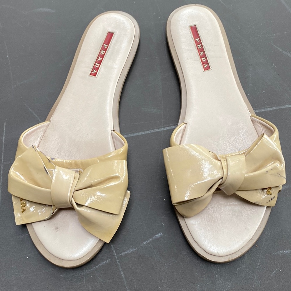 PRADA patent leather flats, size 8, color tan some scuff marks. See pics